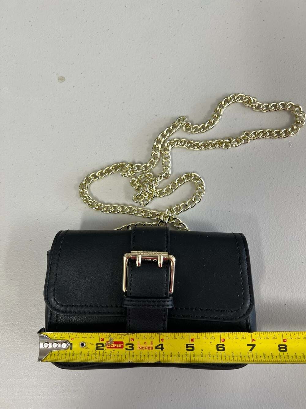 Guess Black Faux Leather Mini Crossbody Bag with Gold Chain Strap